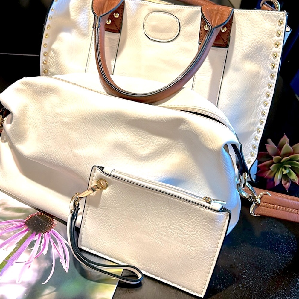 White Handbag Tote Shoulder Bag and Coin Purse 3 Piece Set